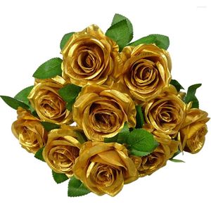 Flores decorativas Flor de ouro rosa Fall Artificial para rosas de decoração com hastes de mesa de jantar de buquê