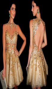 2016 Gold Sequins Appliques Lace Cocktail Dresses Sheer Neck Mini Short Prom Party Homecoming Gowns Galajurken Ballkleider Vestido9951113