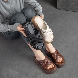 Hausschuhe Johnature echtes Leder bequeme dicke Sohlen Außenplattform Sommer 2024 Frauen Schuhe Vintage Keile Gleitungen