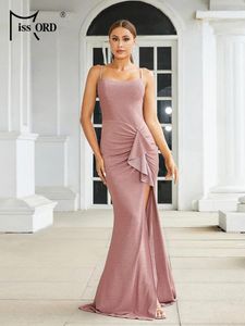 Casual Dresses Missord Glitter Pink Long Party Dress Women Elegant Spaghetti Strap Ruched Thigh Split Evening Prom Backless Gown