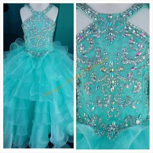 Dresses 2016 Beautiful Girls Pageant Dresses with Halter Neck and Tiered Skirt Real Pictures Beaded Crystals Organza Ball Gown Girls Birth