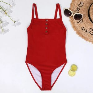 set 714 Years Solid Red Girl Swimsuit One Piece Kids Vintage Teenage Girls Bathing Suit Button Children's Swimwear Beachwear 2021