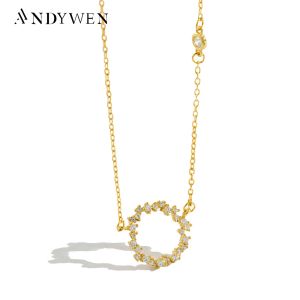 Halsband Andywen 925 Sterling Silver Gold Circle Round Pendant Zircon Pave Long Chain Halsband Bröllopspresent Fashion Jewelry for Women