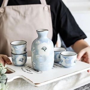 Höftkolvar Blue Flower Wine Set Japanese Sake Ceramic Pot With Drinking Cup Flagon Bar (1 4 koppar)