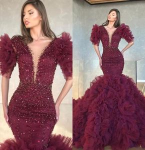 Arabic Aso Ebi Mermaid Evening Dresses Wear for Women V Neck Half Sleeves Crystal Beaded Ruffles Tiered Floor Length Prom Dress Pa5206908