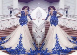 2021 Nuovo Dubai Mermaid Prom Dresses Appliques in pizzo blu royal Sheer Sexy See Sexy Attraverso maniche lunghe Vestios de Fistea Evening G7601035