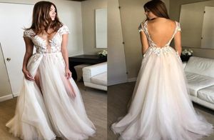 100 Real Image Sexy Split Tulle Lace Prom Dresses V Neck Cap Sleeves White Champagne Floor Length Backless Evening Gowns Formal D1795615