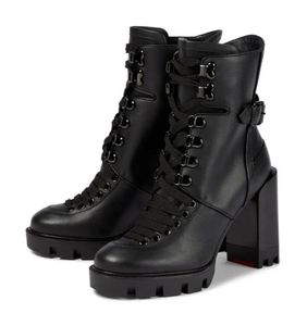 겨울 부츠 여자 이름 브랜드 발목 부츠 Macademia Genuine Leather Ankles Booties Martin Boots Black 및 Lace-Up Fashion Chunky Heel1754375와 함께
