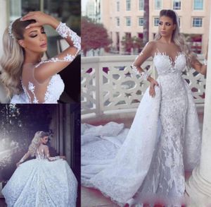 2017 Luxury Lace Detachable Train Mermaid Wedding Dresses with Sheer Neck Long Sleeves Bridal Gowns Back Bottons Vestido1836811