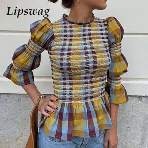 Bluzki damskie francuskie eleganckie puff długie rękawie huśtawki biuro letnie O-Neck Tops 2024 Retro Fashion Patchwork Plaid