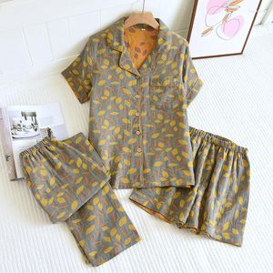 Home Clothing Pajama Women's Summer Three Piece Set Cotton Gauze Short Sleeved Pants Retro Slim Oversized