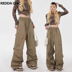 Women's Pants ReddaChic Big Pockets Parachute Casual Women Solid Pleated Drawstring Waist Wide Leg Cargo Hiphop Retro Work Wear