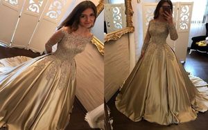 Gold Designer Off the shoulder Evening Formal Dress With Lace Long Sleeves 2022 New Arrivals Satin Princess A line Illusion Prom D9366320