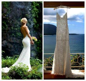 Drömliknande spaghettirem 2016 Spetsbröllopsklänningar Enkla och eleganta baklösa sjöjungfru brudklänningar strandbröllopsklänningar av kat2598207