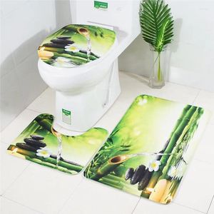 Carpets Chinese Style Green Bamboo Spring Printing Flannel Toilet Pad 3PCS Bathroom Floor Mat Set Anti-Skid Cover & Rug