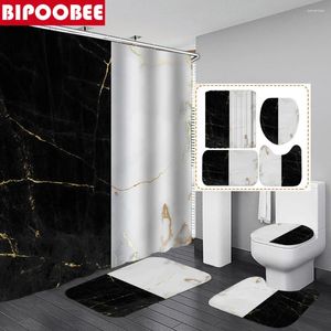 Shower Curtains Black And White Marble Curtain Stone Grain Bathroom Bath Mat Toilet Lid Cover Pedestal Non-Slip Rug Home Decor