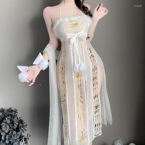 Bras sätter kinesisk stil Hanfu Sexig underkläder Mesh Halter Lace Floral Long Dress Anime Cosplay Uniform High Split Stage Costumes Baby Doll