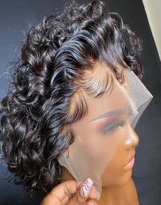 Pixie Cut Short Bob Curly Lace Frontal Human Hair Transparent Front Lace For Women Deep Wave Cheap Human Hair 06189098297