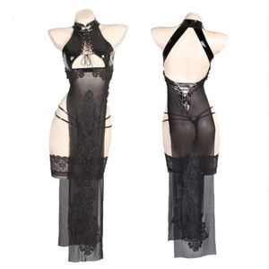 Seksi iç çamaşırı oyunu nier otomata 2b cosplay kostüm net cheongsam lake set kadın bandaj içi boş qipao seksi erotik porno iç çamaşırı