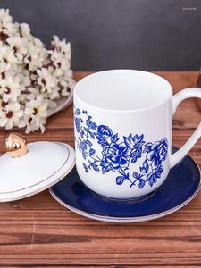 Mugs Ceramic Cup Blue And White Lid Plate Set Conference Room Tea Sales Gift Gold Border Bone Porcelain