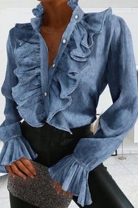 Plus Size Business Casual Blouse Blue Ruffles Sexy VNeck Denim Spring Autumn Elegant Office Lady Tops Blusas para mujer 240321