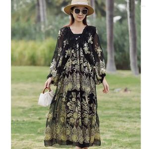 Casual Dresses High End Spring/Summer Women's Silk Embroidered Feather V-Neck Long Sleeved Loose Black Dress One Size