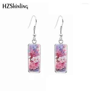 Dangle Earrings 2024 Fashion Cherry Blossoms Flower Paintings Rectangular Hook Glass Cabochons Ear Jewelry