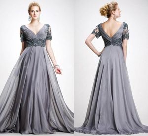 2016 Vintage Trendy Mother Off Bride Dresses Zipper A Line V Neck Appliques Chiffon Vestidos Dresses Evening Wear Gray mother of t2963836