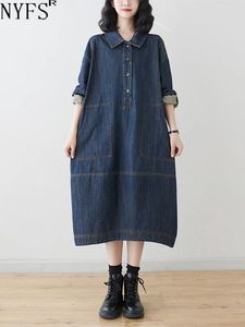 Vestidos casuais NYFS 2024 Spring Autumn Denim Womens Vestidos Robe cotove