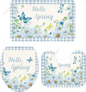 Bath Mats Bathroom Rugs Sets 3 Soft Absorbent Sponge Mat Non-Slip Washable Rug Toilet And Lid Cover Hello Spring Blue Daisy