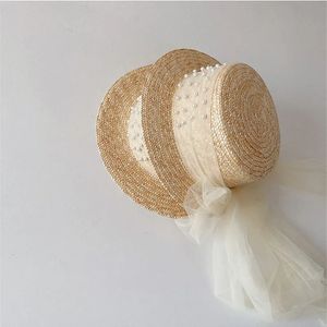 Sevimli çocuk kapağı hasır şapka inci dekorasyon dantel bandaj düz üst güneş koruma kapakları kız geniş kısrak şapka şapka şapka güneş şapkaları 240319