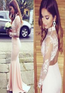 Fashion 2016 Baby Pink Lace und Satin Meerjungfrau zweiteilige Abschlussballkleider langer billiger hoher Hals Langarm Rückenloser formelles Kleid Custom4977672