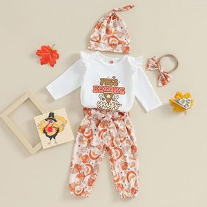 Kläder sätter min första Thanksgiving Baby Boy Girl Outfit Little Turkey Romper Pants Hat pannband 3st kläder