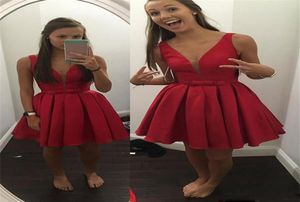 2017 barato pura profunda v pescoço curto wed convidado cocktail vestidos de cetim vermelho espartilho de cetim vermelho vestidos de festas de baile especial