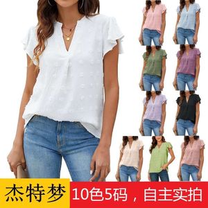 Women's 2023 Summer New V-neck Pleated Ruffle Sleeve Wool Ball Top Chiffon Shirt