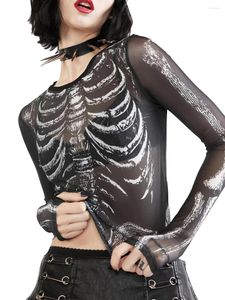 Kvinnors T -skjortor Kvinnor Sheer Mesh Tops Halloween Skeleton Print Långärmad monterad Black Crop Casual Horror Shirt Streetwear