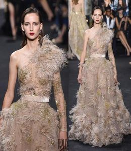 Luxury Feather Elie Saab 2019 aftonklänningar En axel långärmad kristall prom party klänningar svep tränar en linje röd matta dres7472062