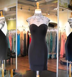 2019 Short Black Fitted Tight Homecoming Dresses High Neck Beading Sheath Cocktail Dresses Short Prom Dresses Graduation4963577