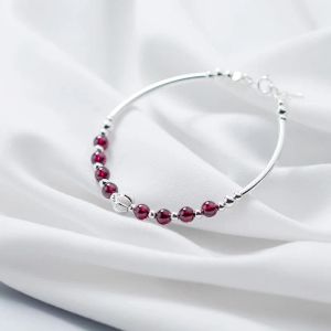 Bangles Wine Red Natural Garnet Beads Sterling Sier Strand Bracelets для девочек женские браслеты