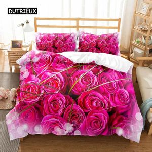 Zestawy pościeli Pink Rose Cover Cover Twin Set na Walentynki Mother's Flower Temat Double King Polyester Quilt