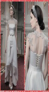 2017 Ny stil tyll hög krage pärlstav paljetter ärmlös byxdräkt satin bröllop klänningar nyckelhål bandage bakre brudklänningar detachab4152770
