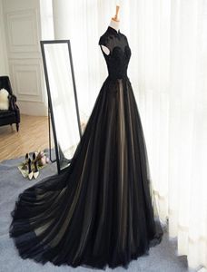 Gothic Black Wedding Dresses Champagne Lining High Neck Lace Appliques Capped Sleeves Zipper up Sweep Train Wedding Dress Cheap Br2226187