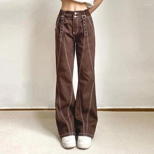 Kvinnors byxor mode retro höga midja fickor metall spänne casual bruna jeans raka bred ben smal lång denim streetwear