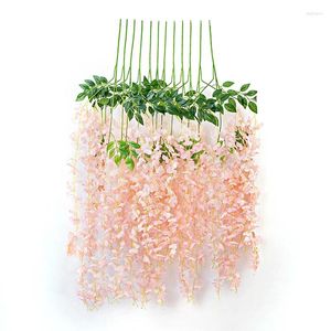Flores decorativas 12 PCs Artificial Fake Wisteria Vine Rattan pendurada Garland Silk String 110cm Home Party Pink Pink Wedding Decor