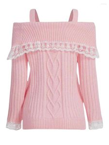 Women's Sweaters Women Y2k Cold Shoulder Knit Sweater Top Long Sleeve Lace Trim Knitted Pullover Bow Cardigan Streetwear