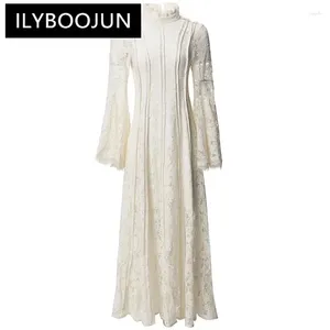 Casual Dresses ILYBOOJUN Fashion Women's Stand-Up Collar Lace Patchwork Flare Sleeved Embroidered Hollow Out Mesh Slim-Fit Gown MIDI Dress