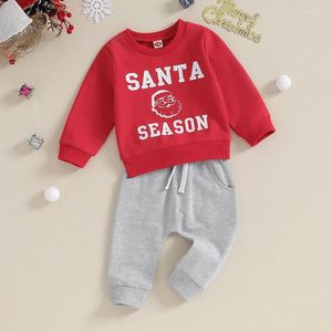 Kläder sätter jul baby pojkar byxor set långärmad besättning nacke jultomten tryck tröja med elastisk midja tröja kläder kläder
