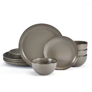 Plates Pfaltzgraff Hadlee 12-piece Dinnerware Set Stoare In Gray Dishes And Sets Dinner Ceramic