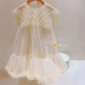 Girls Mesh Princess Dresses White Short Sleeve Pearls Dress Baby Birthday Party Gown Kids Clothes Summer Sequins Puffy Skirt 240329