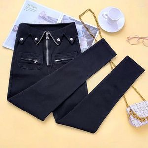 Jeans jeans leggings neri autunnali da donna usura esterna con cerniera anteriore con cerniera super alta elastica addominale grande stretta slim